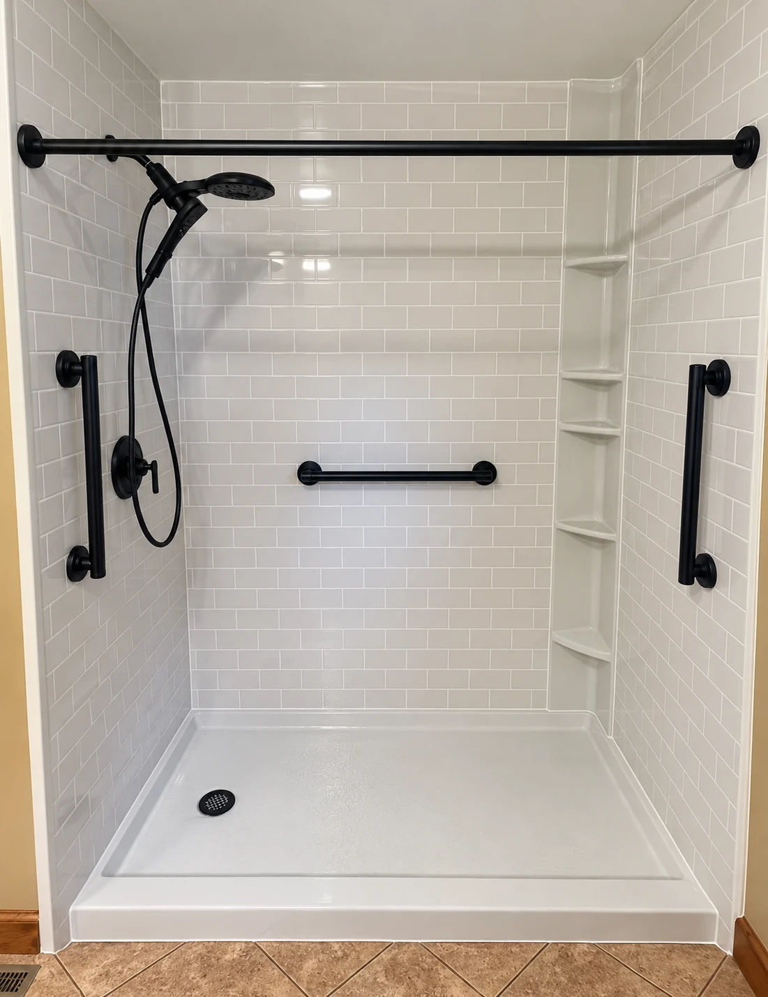 White walk-in shower with black fixtures, support bars and corner shelving